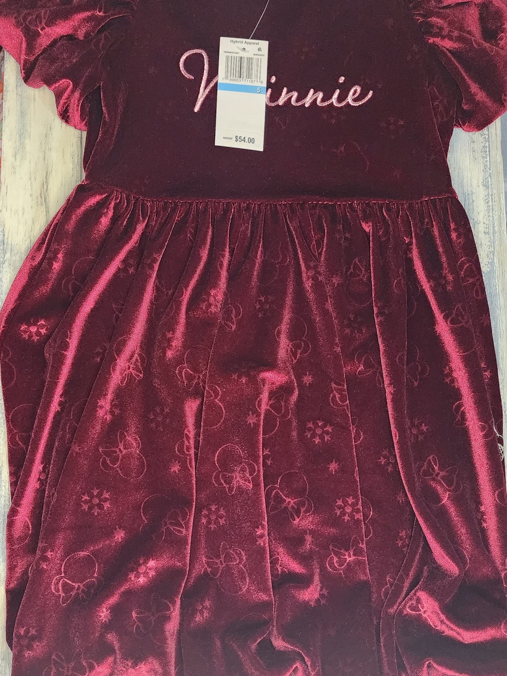 Disney Girls  Minnie Mouse Short-Sleeve Debossed Dress in burgundy velvet